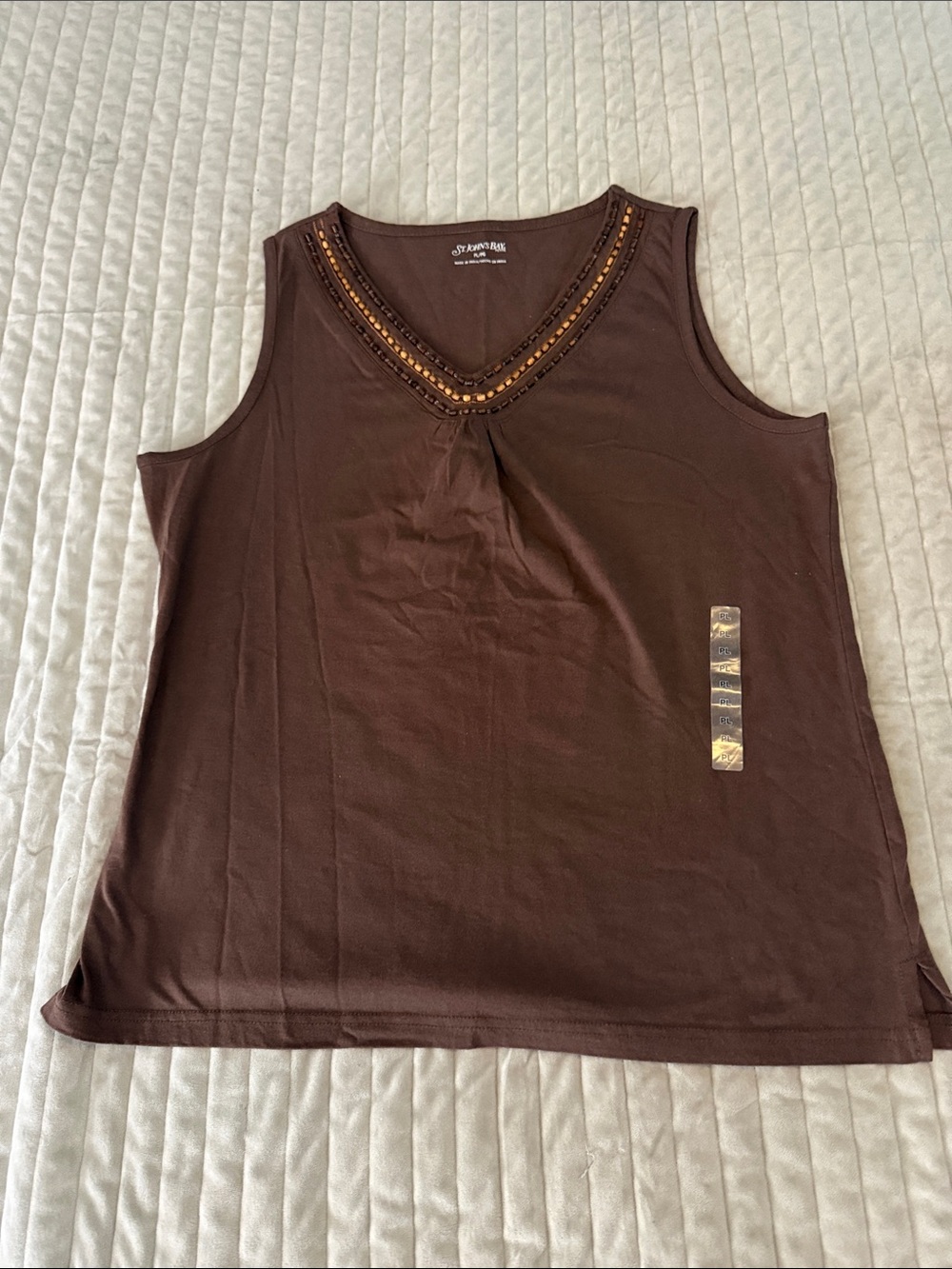 St. John's Bay 100% Cotton Brown V-Neck Tank with Beaded Trim - PL